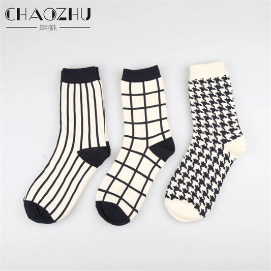 1 Pair Japanese Lattice & Vertical Stripes Harajuku Women/Men Fashion Causal Socks Autumn Winter Classic Socks